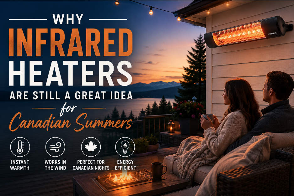 Infrared heaters in Canada showing a couple at a cabin.